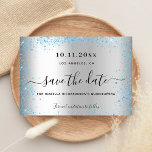 Reserva La Fecha Quinceanera chispas azules<br><div class="desc">Una chica y de moda Salven la Fecha para una Quinceañera, fiesta de cumpleaños número 15. Un fondo falso plateado decorado con un polvo azul falso purpurina. Personalice y agregue una fecha y un nombre/edad. El texto: Save the Date se escribe con un gran guión de estilo escrito a mano....</div>