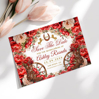 Reserva La Fecha Quinceañera Country Western Rosas Rojas Botas de V