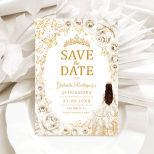 Reserva La Fecha Quinceañera Crema Floral Dorada