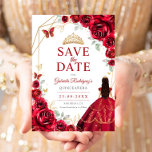 Reserva La Fecha Quinceanera Dress Red Roses Gold<br><div class="desc">Red,  gold and white Quinceanera celebration save the date. Features,  brunette girl in ball gown dress script font,  gold butterflies,  watercolor roses and tiara. Perfect for an elegant princess style glam celebration. Personalize with your own details. Printed Zazzle cards or instant download digital printable template.</div>
