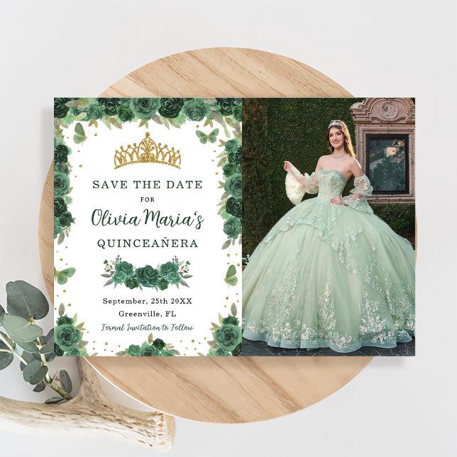 Reserva La Fecha Quinceañera Emerald Green Floral Butterflies Foto (Subido por el creador)