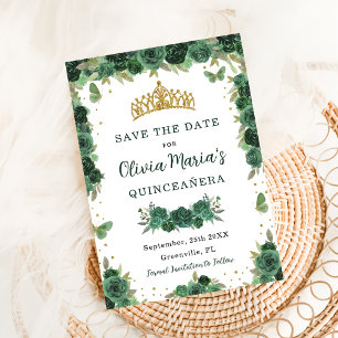Reserva La Fecha Quinceañera Emerald Green Floral Butterflies Tiara