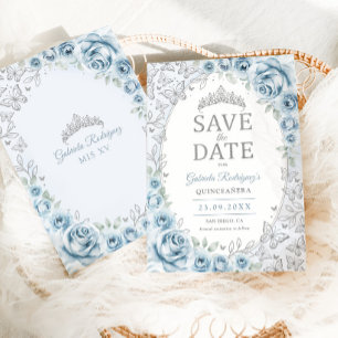 Reserva La Fecha Quinceañera Floral Azul Bebé Plateado