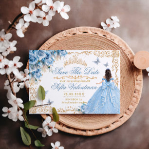 Reserva La Fecha Quinceañera Floral Azul Bebé y Dorado