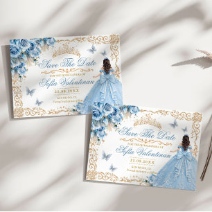 Reserva La Fecha Quinceañera Floral Azul Bebé y Dorado