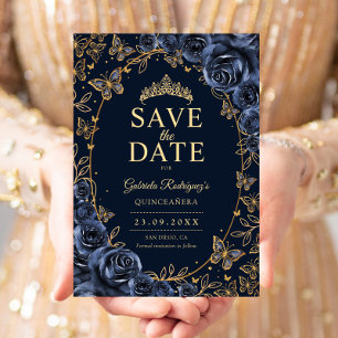 Reserva La Fecha Quinceañera Floral Azul Marino Dorado