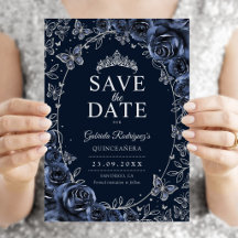 Quinceañera Floral Azul Marino Plata