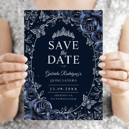 Reserva La Fecha Quinceañera Floral Azul Marino Plata
