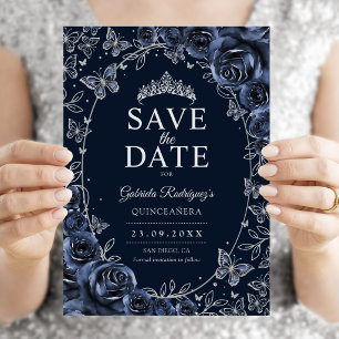 Reserva La Fecha Quinceañera Floral Azul Marino Plata