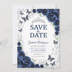 Reserva La Fecha Quinceañera Floral Azul Marino Plata
