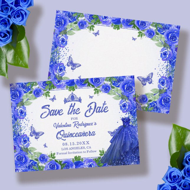 Reserva La Fecha Quinceanera floral azul real salva la fecha (Blue Floral Quinceanera Save the Date)