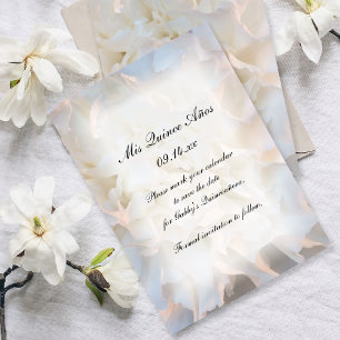Reserva La Fecha Quinceañera floral blanca salva la fecha