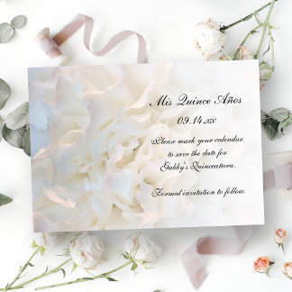 Reserva La Fecha Quinceañera floral blanca salva la fecha