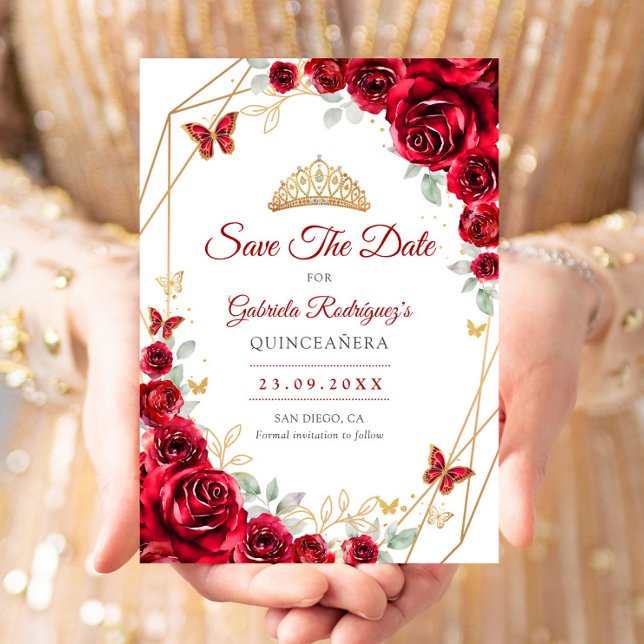 Reserva La Fecha Quinceañera Floral de Oro Rojo (Subido por el creador)