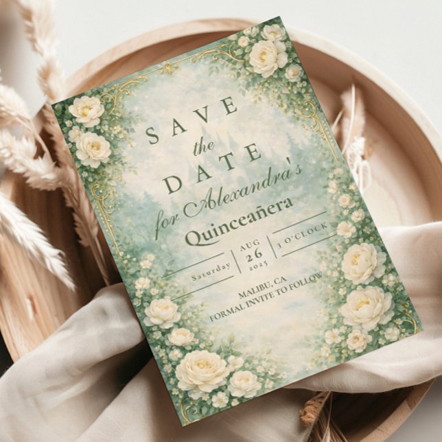 Reserva La Fecha Quinceañera Floral Dorada Verde (Subido por el creador)