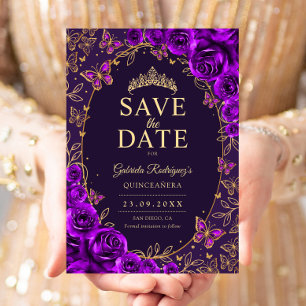 Reserva La Fecha Quinceañera Floral Dorado Púrpura