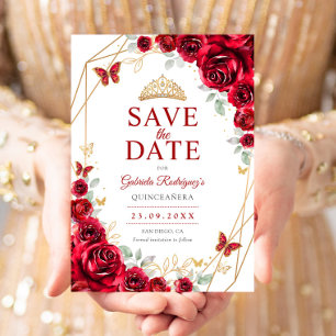 Reserva La Fecha Quinceañera Floral Dorado Rojo