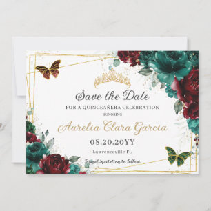Reserva La Fecha Quinceañera floral esmeralda de Borgoña dulce diec
