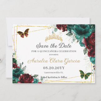Reserva La Fecha Quinceañera floral esmeralda de Borgoña dulce diec