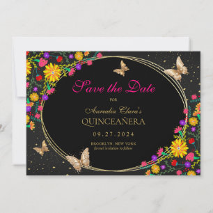 Reserva La Fecha Quinceanera floral mexicana de oro negro