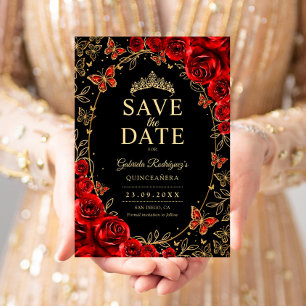 Reserva La Fecha Quinceañera Floral Negro Rojo Dorado