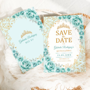 Reserva La Fecha Quinceañera Floral Oro Turquesa