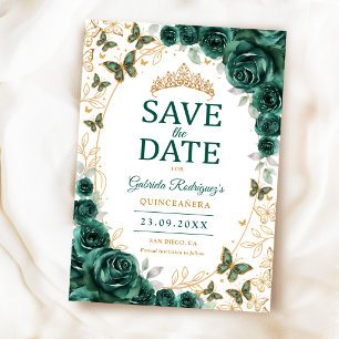 Reserva La Fecha Quinceañera Floral Oro Verde Esmeralda