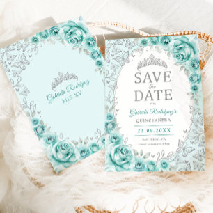 Reserva La Fecha Quinceañera Floral Plata Turquesa