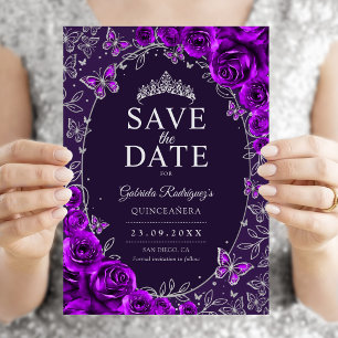 Reserva La Fecha Quinceañera Floral Plateada Púrpura