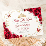 Reserva La Fecha Quinceanera Floral Red Roses Gold<br><div class="desc">Red,  gold and white floral Quinceanera celebration save the date. Features,  brunette girl in ball gown dress script font,  gold butterflies,  watercolor roses and tiara. Perfect for an elegant princess style glam celebration. Personalize with your own details. Printed Zazzle cards or instant download digital printable template.</div>