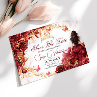 Reserva La Fecha Quinceañera Floral Rojo Borgoña y Dorado