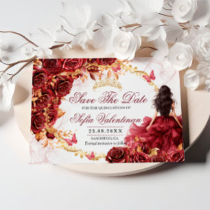 Reserva La Fecha Quinceañera Floral Rojo Borgoña y Dorado