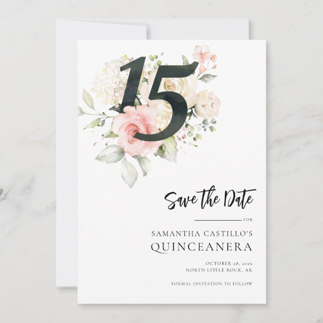Reserva La Fecha Quinceanera floral rosa 15 cumpleaños (Anverso)