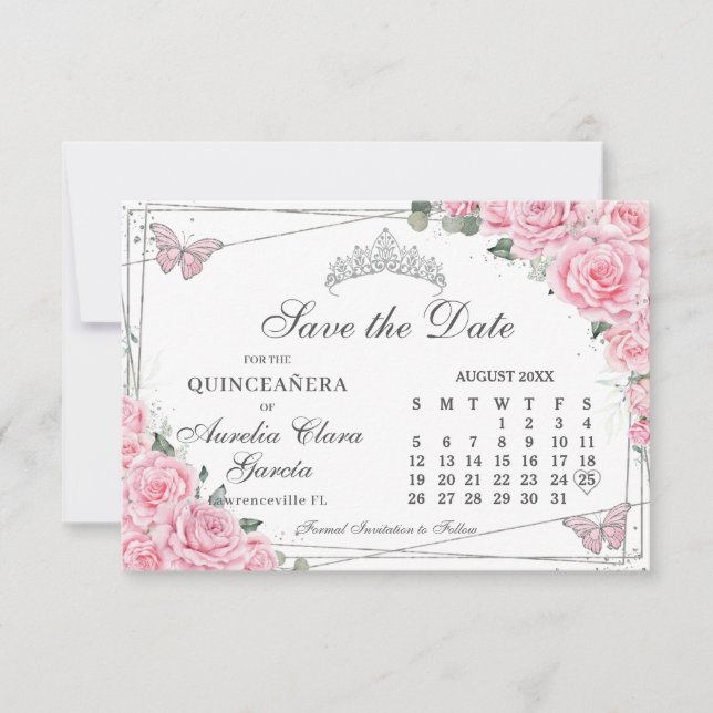 Reserva La Fecha Quinceanera floral rosa dulce dieciséis calendario (Anverso)