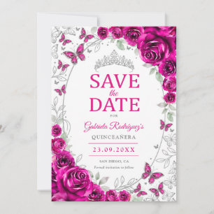 Reserva La Fecha Quinceañera Floral Rosa Fucsia Plateada