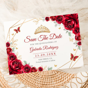 Reserva La Fecha Quinceañera Floral Rosas Rojas Doradas