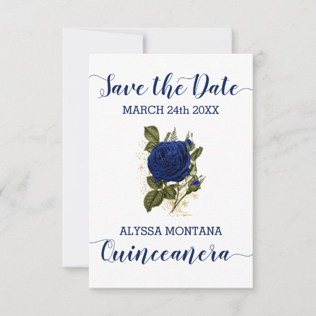 Reserva La Fecha Quinceanera Floral Royal Blue Rosa (Anverso)
