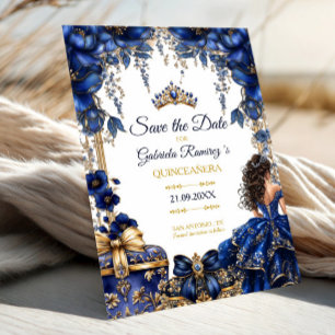 Reserva La Fecha Quinceañera Floral Tiara Azul Real Dorada