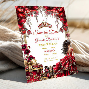 Reserva La Fecha Quinceañera Floral Tiara Dorada Roja