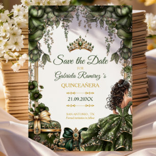 Reserva La Fecha Quinceañera floral Tiara dorada verde esmeralda
