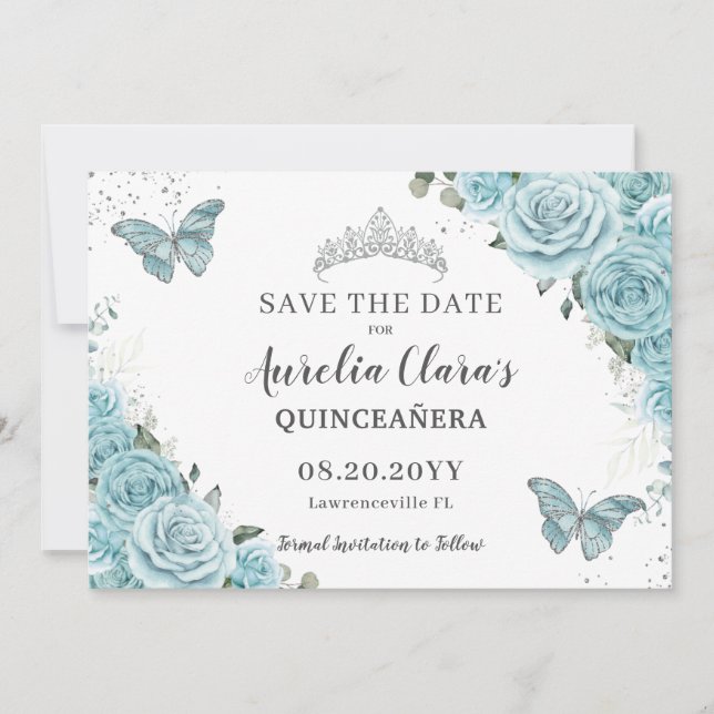 Reserva La Fecha Quinceanera floral turquesa dulce 16 mariposas (Anverso)
