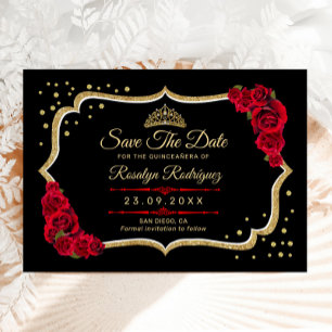 Reserva La Fecha Quinceañera Flores Negras Rojas Doradas