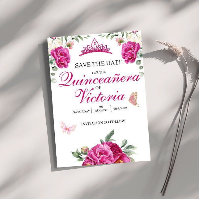 Reserva La Fecha Quinceañera Fuchsia Crown de mariposa floral rosa (Subido por el creador)