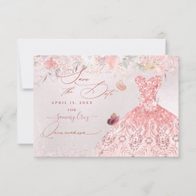 Reserva La Fecha Quinceanera Guardar la cita con el vestido rosa de (Anverso)