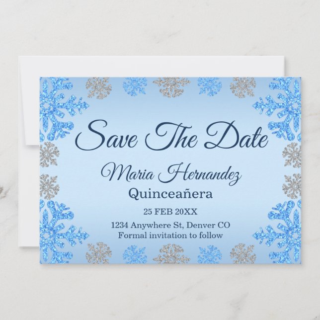 Reserva La Fecha Quinceañera Ice Blue Silver Snowflake (Anverso)