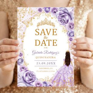 Reserva La Fecha Quinceañera Lila Púrpura Floral Dorado