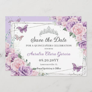 Reserva La Fecha Quinceañera Lilac Púrpura Dulce Floral Rosa Diecis