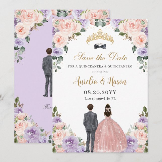 Reserva La Fecha Quinceañera Lilac Rubor Floral Twins Boy Chica (Anverso / Reverso)