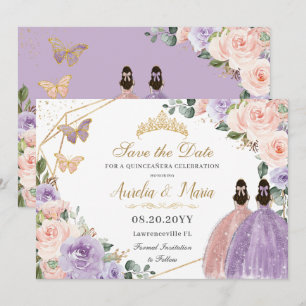 Reserva La Fecha Quinceañera Lilac Rubor Rosa Floral Gemelos de Oro