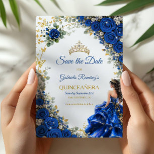 Reserva La Fecha Quinceañera Mariposa Dorada Azul Real 